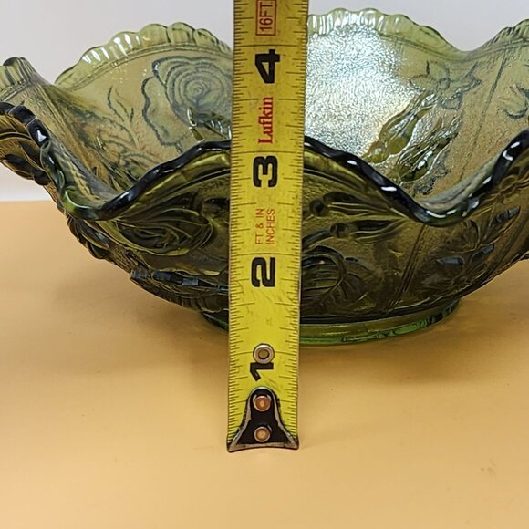 Vintag Green Carnival Style Pressed Glass Rose Pattern Crimped Bowl - Picture 9 of 9